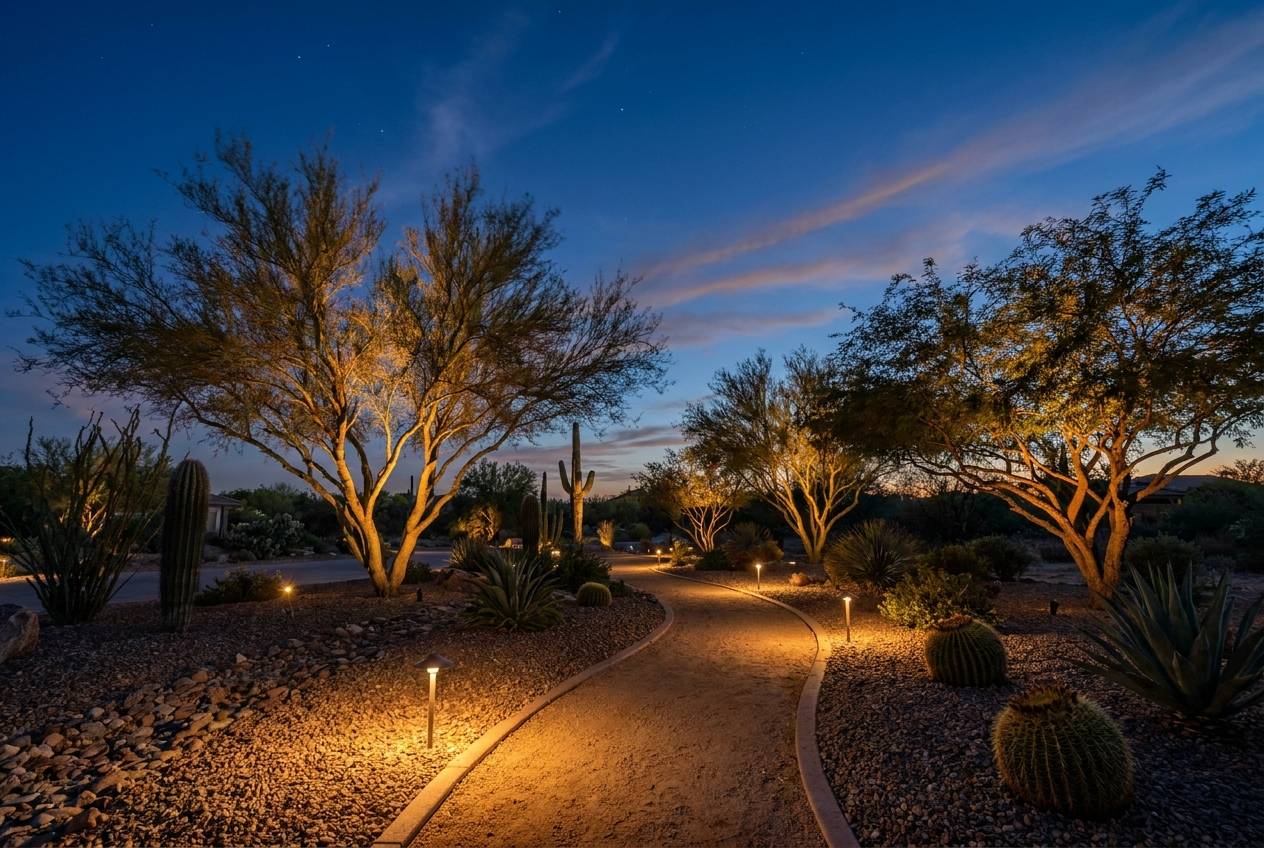 Landscape lighting at dusk in Goodyear, AZ